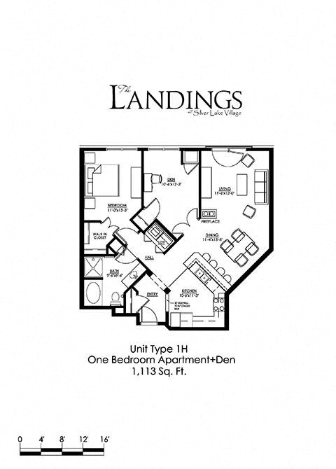 Floor plan for 1 bed, 1 bath, 1113 sqft